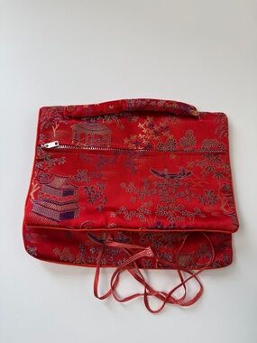 Red Brocade Asian-Inspired Foldover Cosmetic Bag